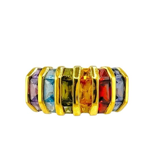 Signed Gold Vermeil 925 Rainbow Cubic Zirconia Channel Set Ring Size 9 Statemen - Picture 1 of 9